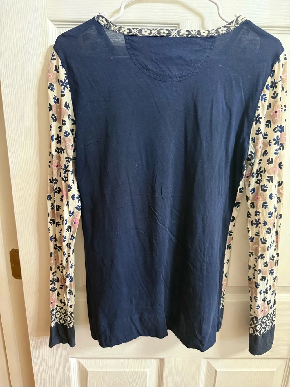 Tory Burch Cream Floral Long-Sleeve Blouse with Navy Trim